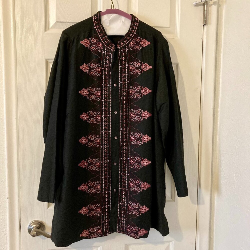 Excellent Condition (see measurements) Embroidered Linen Jacket, Black w/ Pinks
